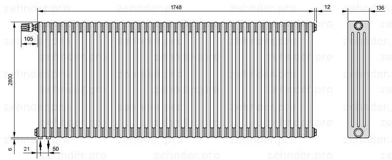 Схема (чертеж) Радиатор Zehnder Charleston 4280/38 №V001 Белый глянцевый RAL 9016